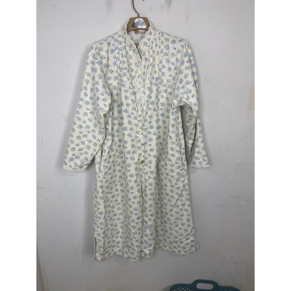 La Cera Nightgown Women Large Blue Floral Cottage Flannel Peasant House Coat